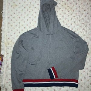 grey hoodie with colorful cuffs